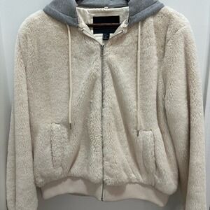 Forever 21+‎ Plus Size Faux Fur Bomber Jacket Cream with Detachable Hood 0X